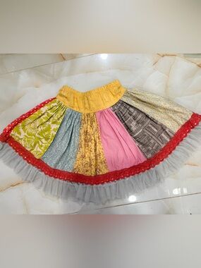 Persnickety Patchwork Multi-Color Cotton Tiered Skirt with Red Lace Trim Girls 7